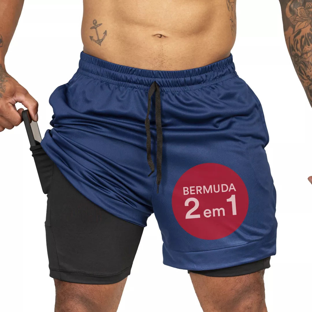 Bermuda 2 Em 1 Short Duplo Esportivo Com Bolso Academia Run