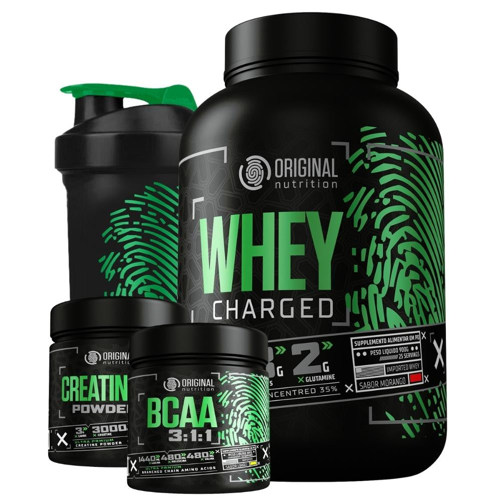 Kit Whey Protein Charged Original + Bcaa + Creatina + Shaker - Melhor custo benefício